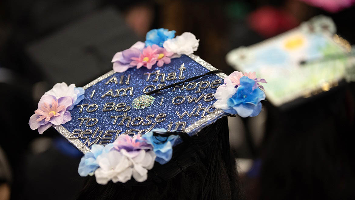Hartwick College graduate cap decorated with message of gratitude upon Commencement