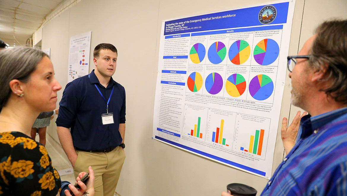 Hartwick College student presenting research poster during Student Showcase