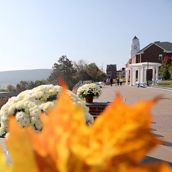 Hartwick College Founders' Way, Golisano Hall with fall foliage in foreground