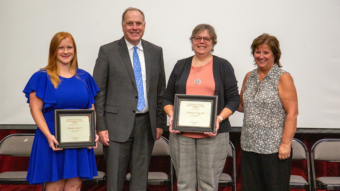 Nursing Alumni Induction alumnae Christine Utegg and Amanda Clark with President Mullen and Kim Smith
