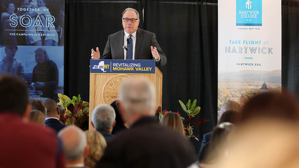 Hartwick College President James Mullen making remarks at the opening of the new Hartwick College Center for Craft Food & Beverage Baking Innovation Lab