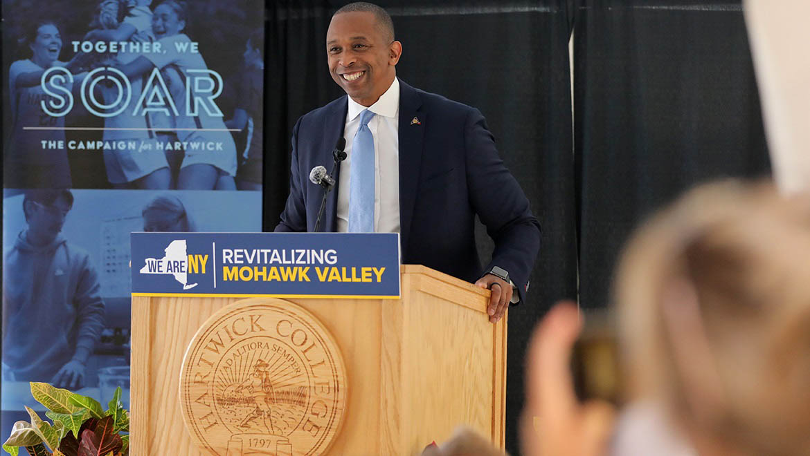 NYS Secretary of State Walter T. Mosley making remarks at the opening of the new Hartwick College Center for Craft Food & Beverage Baking Innovation Lab
