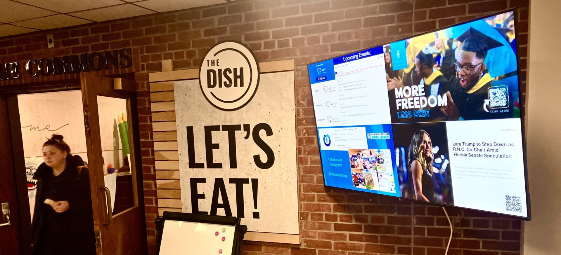 TV screens outside Commons dining hall at Hartwick College