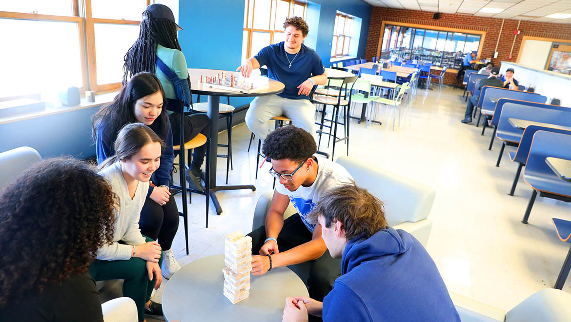 Hartwick College students playing games in The Commons in 