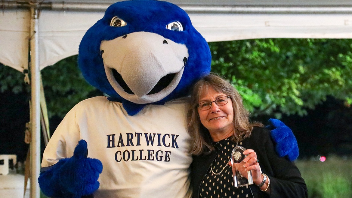 Patricia Dopazo with Swoop during Alumni Association Awards Ceremony