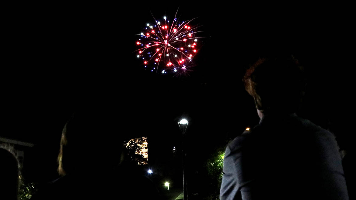 Fireworks in sky over Hartwick College during True Blue Weekend 2024
