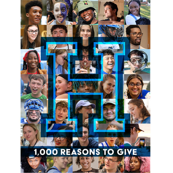 Hartwick College student faces with spirit H logo for 1000 Reasons to Give logo for Giving Day April 2025