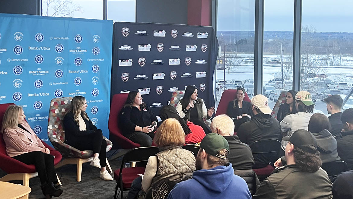 Hartwick College students in Career Exploration Trip to Utica Comets during Women's in Sports Panel Discussion