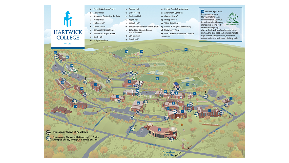 Hartwick College Campus Safety Map with Emergency and Blue Light Phone locations