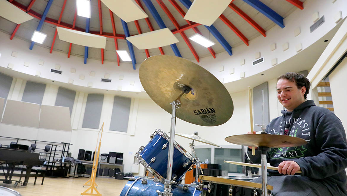 Hartwick College student drummer in Anderson Center for the Arts