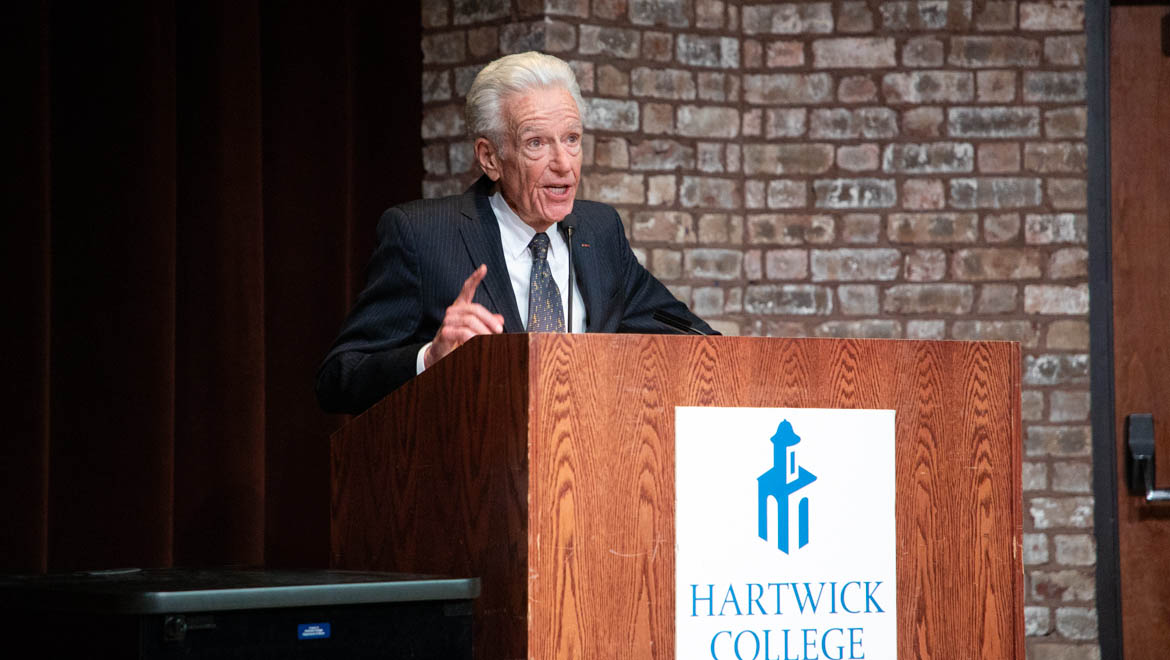Doug Logan speaking during Thom Meredith '73 Sport Management Lecture in Anderson Theatre