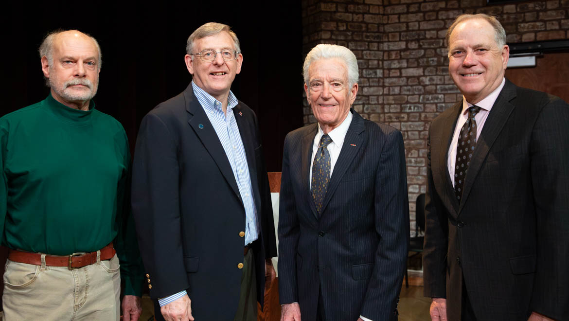 Doug Logan with Thom Meredith '73, Trustee Larry Miller '79, President Mullen