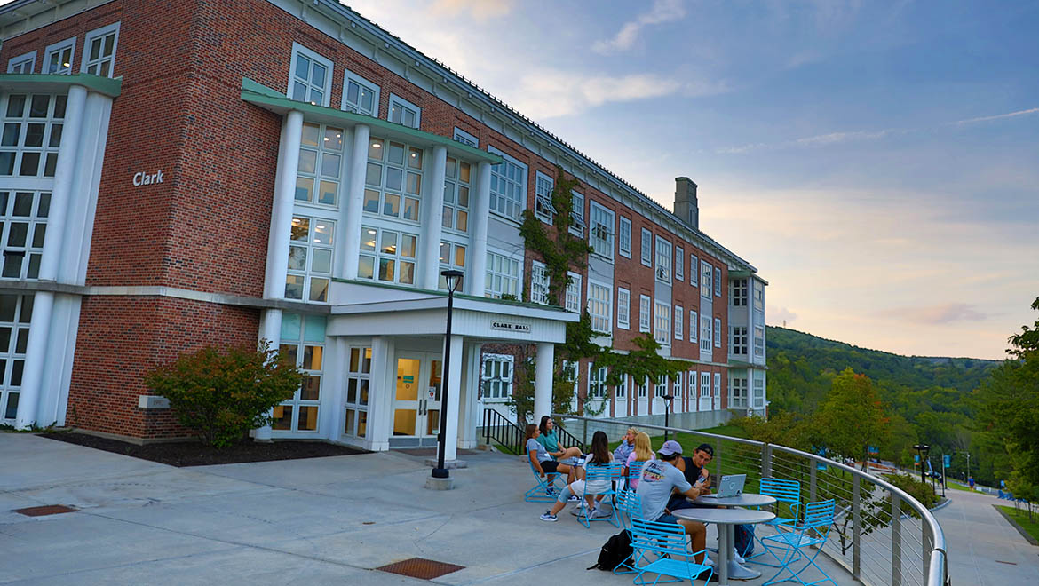 Clark Hall and students on Founders' Way