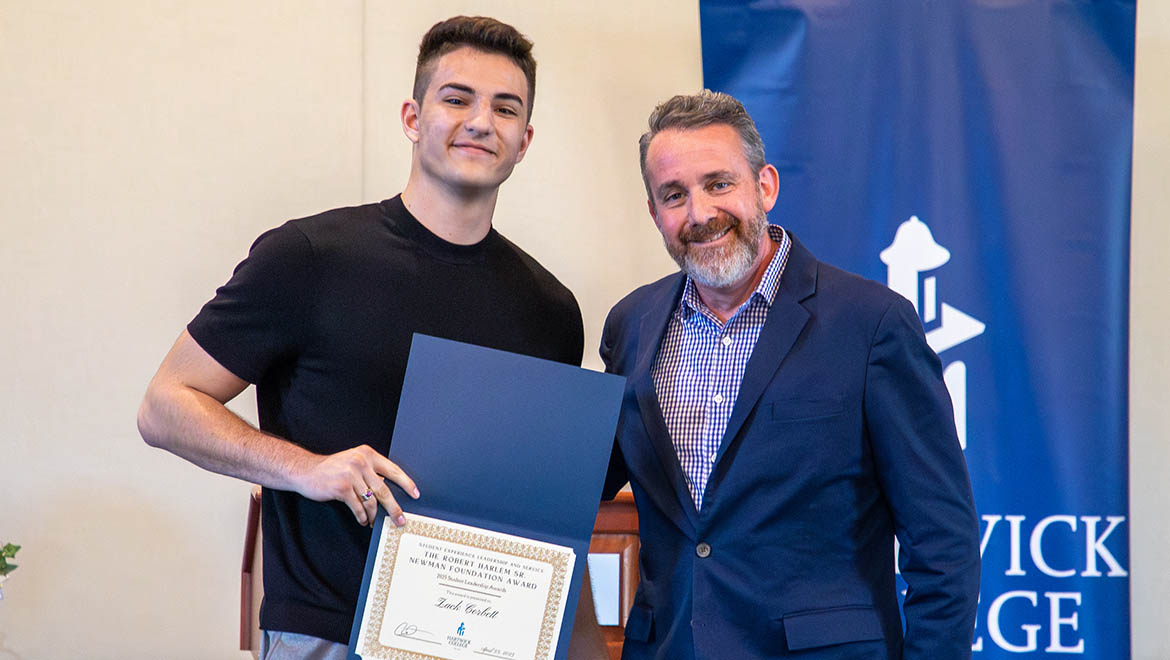 Robert Harlem Sr. Newman Foundation Award recipient – Zack Corbett ’27 with Dean Cary Dresher