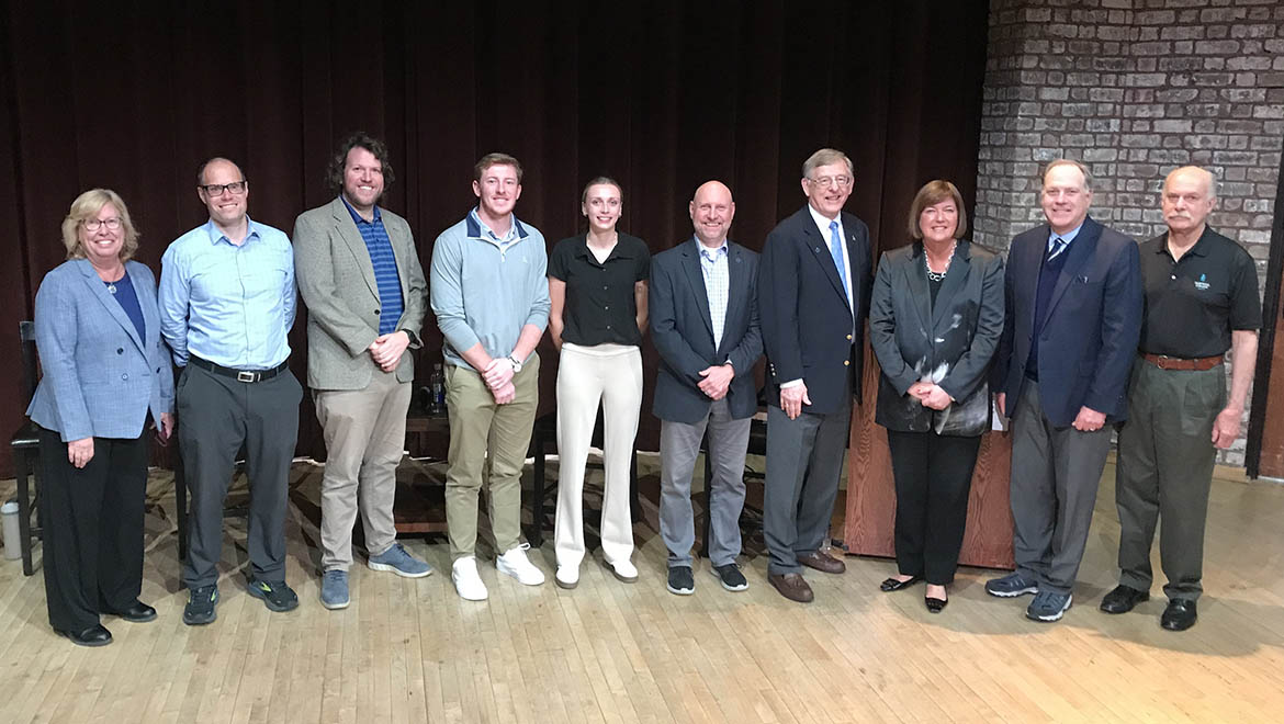 Tatum Codington '25, Cooper Francis '25, Paul Vecchio, Laurel Bongiorno, Thom Meredith, Larry Miller, President Mullen, Ryan Ceresola, Amber Steele, Aaron Stephens
