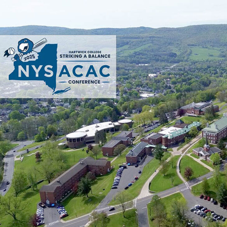 Hartwick College hillside view of campus with NYS ACAC conference logo