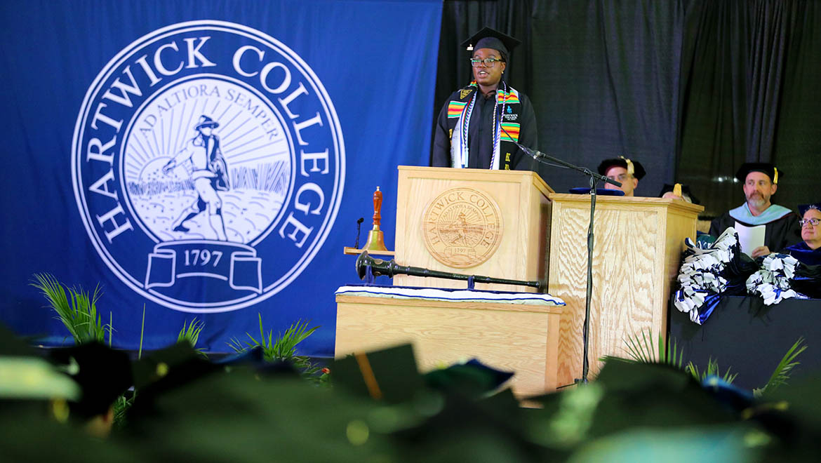 Chelsea Kotey ’25, a biochemistry major and president of the Student Government Association giving welcoming remarks during Commencement