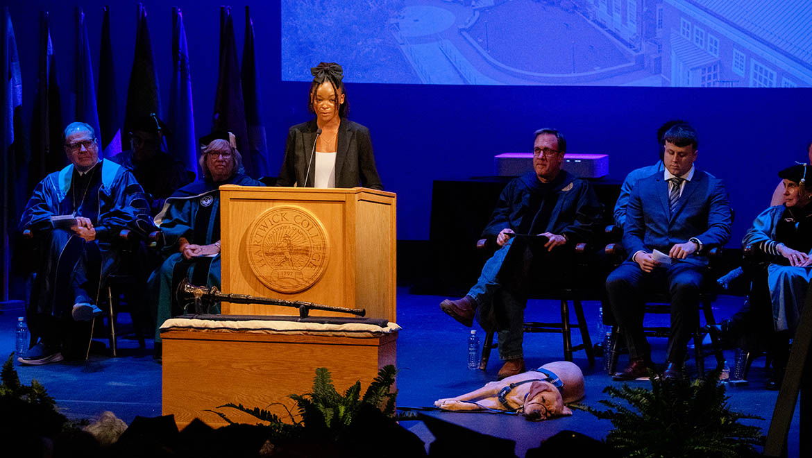 Roselyn DuMerville ’25 giving her Kellogg speech