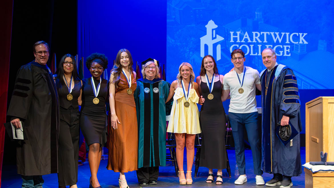 Hartwick College JCH Scholars Margarita Chistiakova '26 Dylan Dwyer '26 Hannah Makuch '26 Sarah Matumbura '26 Maria Serra '26 Shelby Swartz '26 with James Buthman, Laurel Bongiorno, James Mullen after Honors Convocation