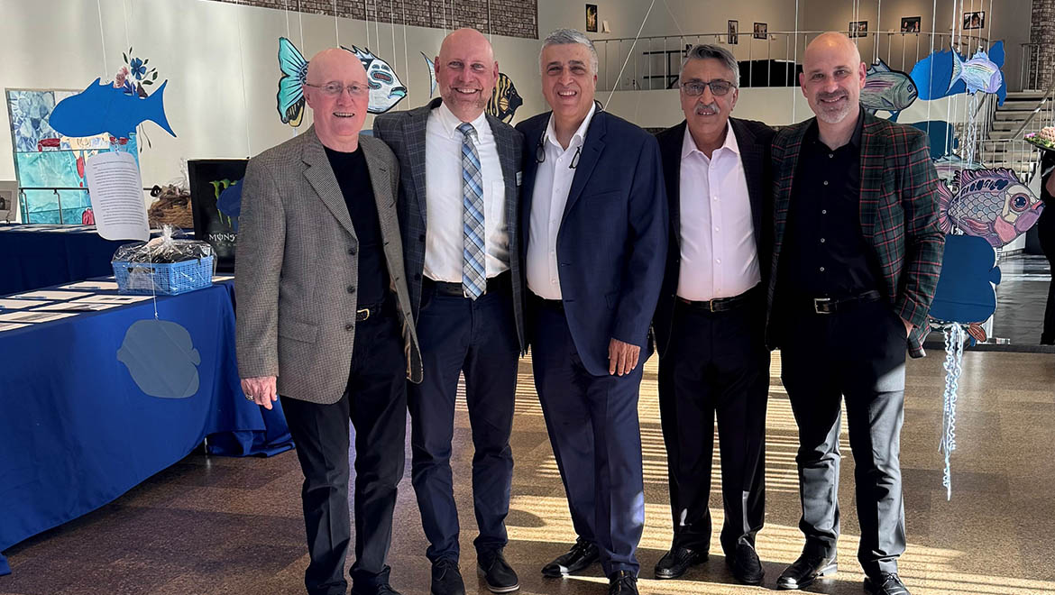 Hartwick College alumnus Duncan MacDonald, ’78, P’13, P’15, Executive Director of Athletics Paul Vecchio, Sports Archivist Antonio Avanzato, Vincenzo Avanzato, and Men’s Soccer Head Coach John Scott