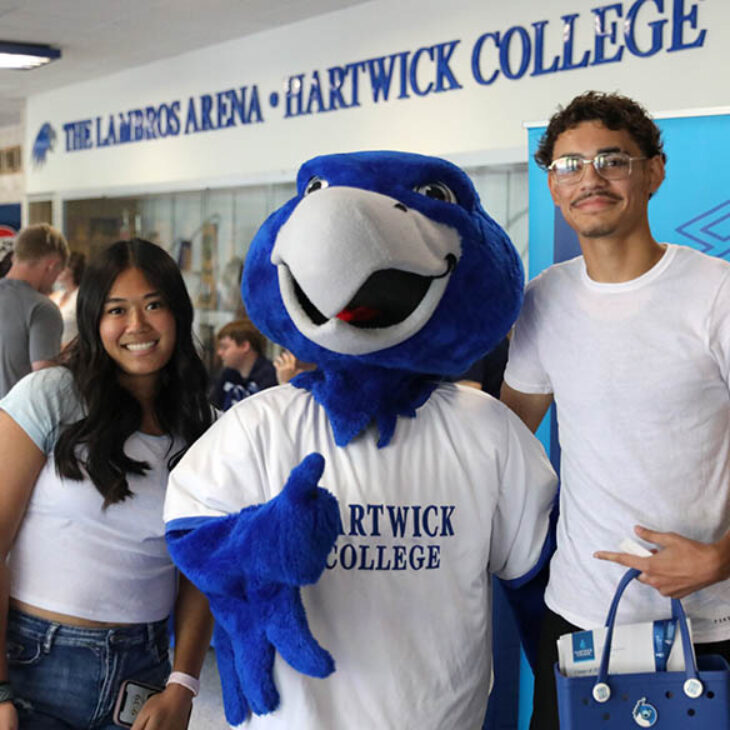 New Hartwick students with Swoop in Lambros Arena