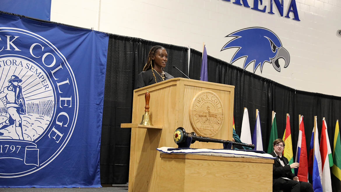 Student Government Association President Amelia Williams ’26 speaking during Opening Convocation for the Class of 2029