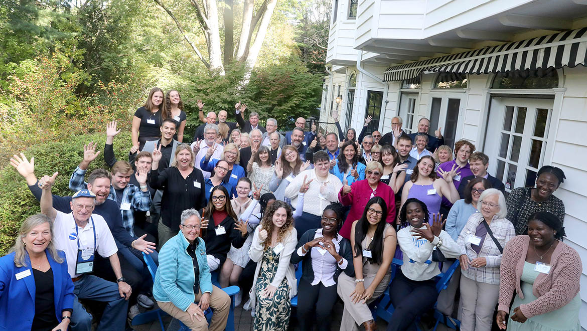 Hartwick College President Jim Mullen and wife Mari with students, alumni, staff, donors at Thornwood during True Blue Weekend 2025