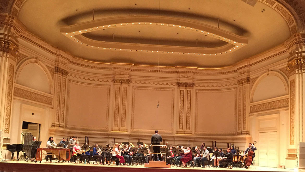 Hartwick College ensemble rehearsing at Carnegie Hall in 2018