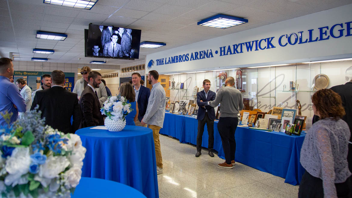 Celebration of the Life of Nick Lambros guests in Lobby of Lambros Arena
