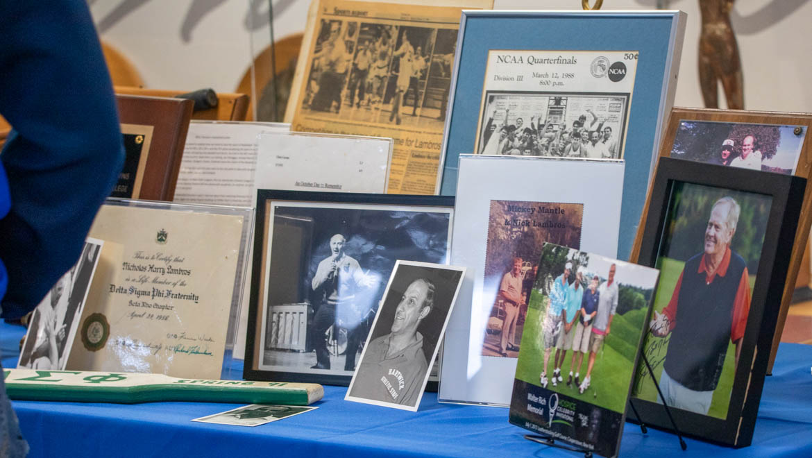 Display of memorabilia at the Celebration of the Life of Nick Lambros in Lobby of Lambros Arena