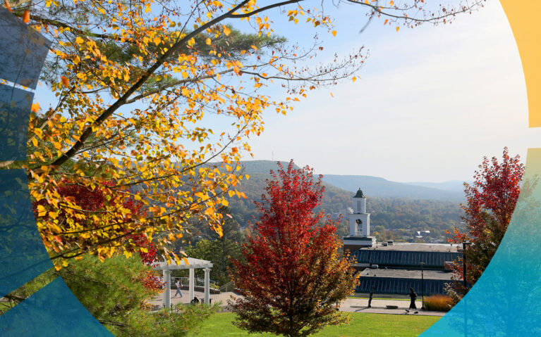 Hartwick College Homepage Image of campus in the fall, view of Founders' Way and Yager Hall Bell Tower