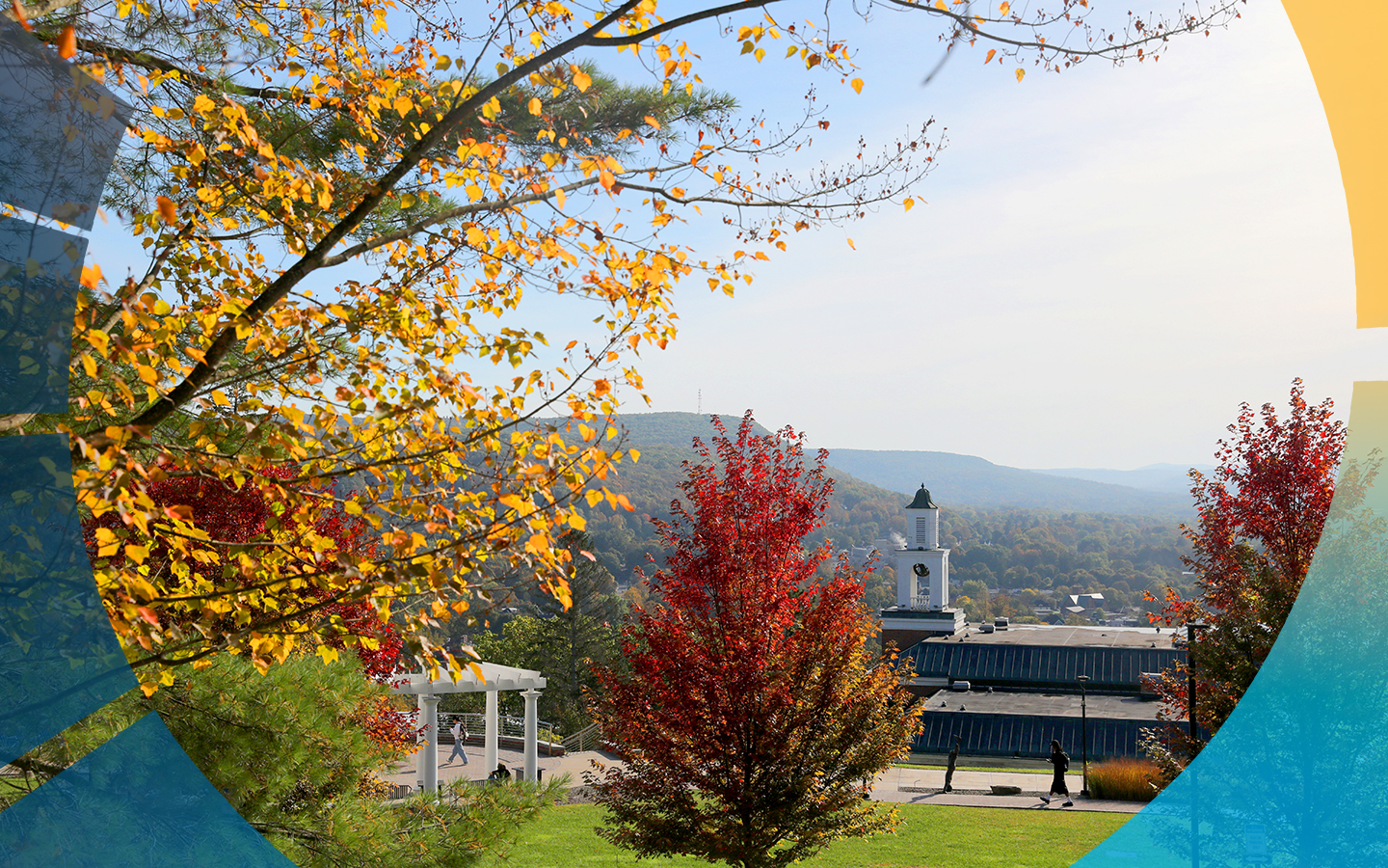 Hartwick College Homepage Image of campus in the fall, view of Founders' Way and Yager Hall Bell Tower