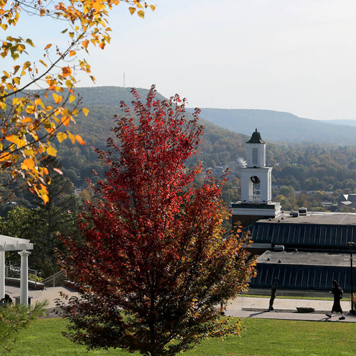 Hartwick College Yager Hall Bell Tower in fall along Founders' Way