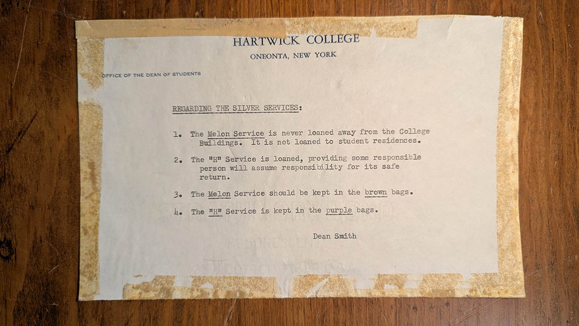 Label for Hartwick College Tea and Melon set use from the Dean of Students Office