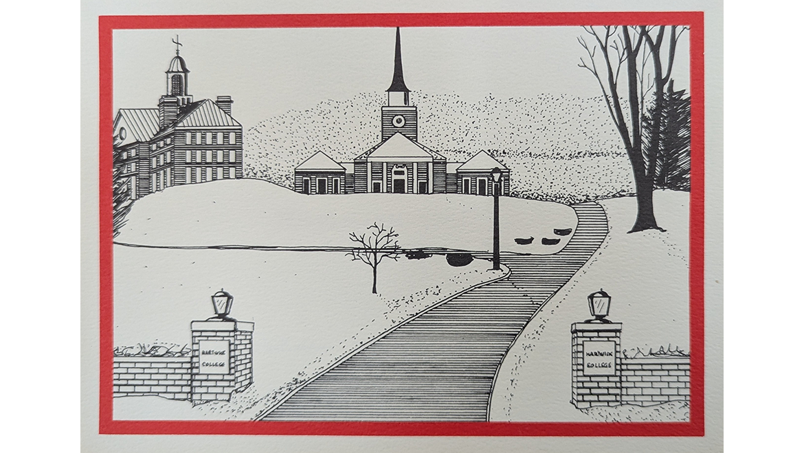 Hartwick College Holiday Card drawing of the College entrance off West Street with Shineman Chapel House and Bresee Hall, 1978