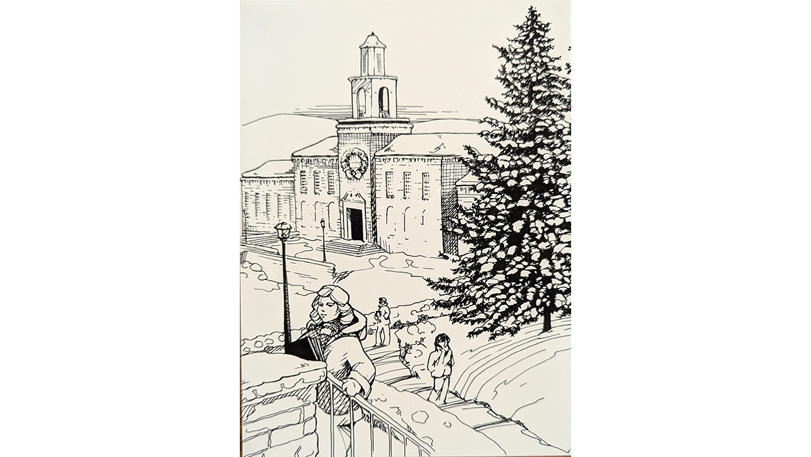 Hartwick College Holiday Card drawing of Yager Hall with students walking up the Memorial Staircase, 1985