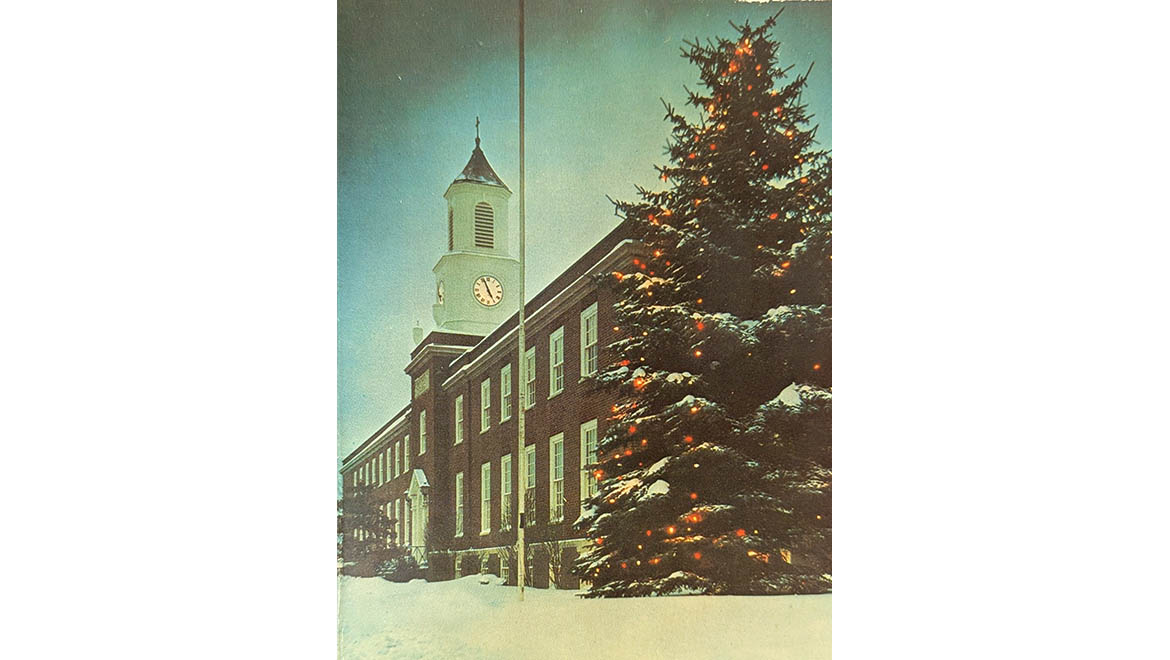 Hartwick College Holiday Card Image of Arnold Hall with lighted pine tree, 1963