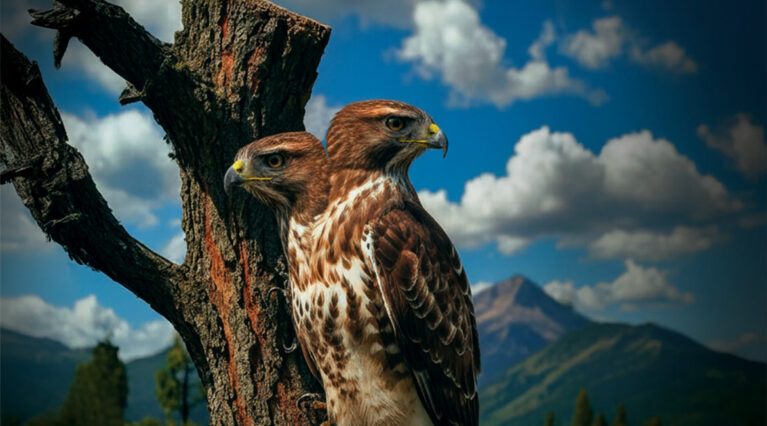 AI generated image of hawks with mountains in background