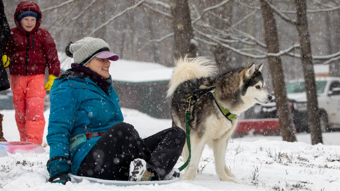 Hartwick biology professor Stephanie Carr and her husky ready for sledding at Pine Lake Frost Fest
