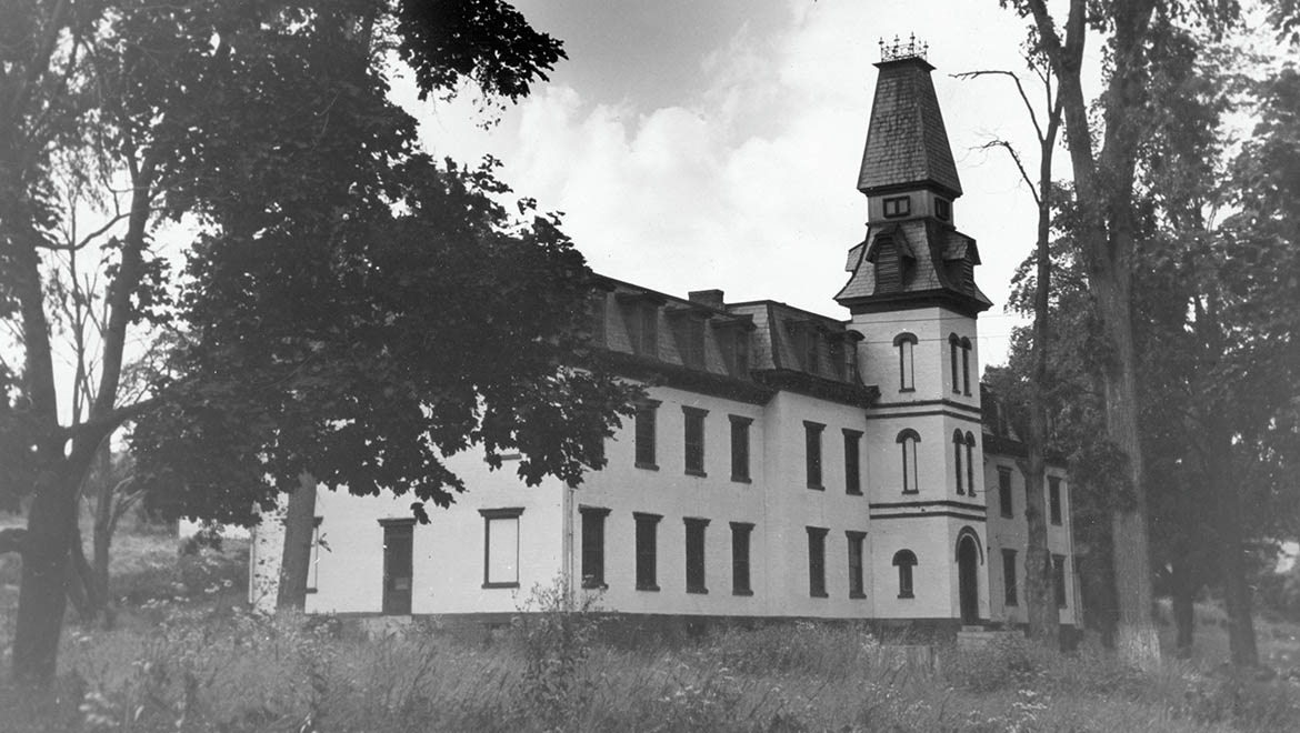 Vacant seminary building with a good view of the tower where the bell originally hung. It's dated July 15, 1943.