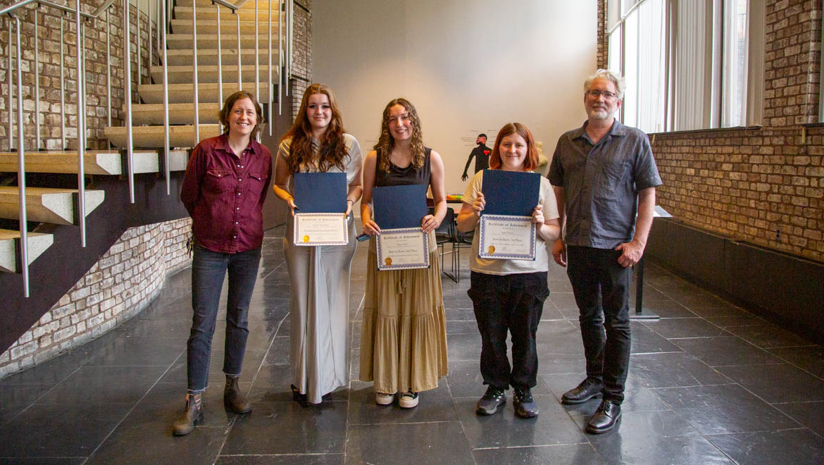 Marissa Yanacheak ’26, Megan Bryla ’26, Kylee Hosmer ’26 with Art & Art History Department Co-chairs: Leah Frankel and Richard Barlow