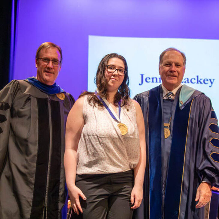 John Christopher Hartwick Scholar Jenna Lackey with Professor Buthman and President Mullen