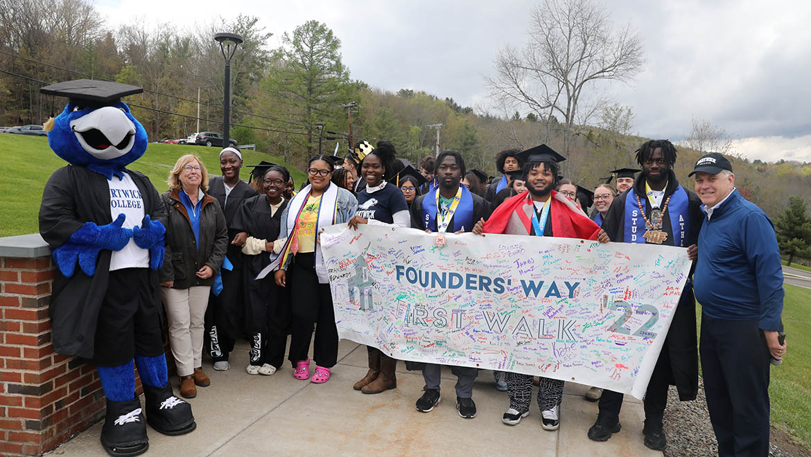 Hartwick College Seniors during Last Walk on Founders' Way before Commencement with Swoop, President-elect Bongiorno, President Mullen
