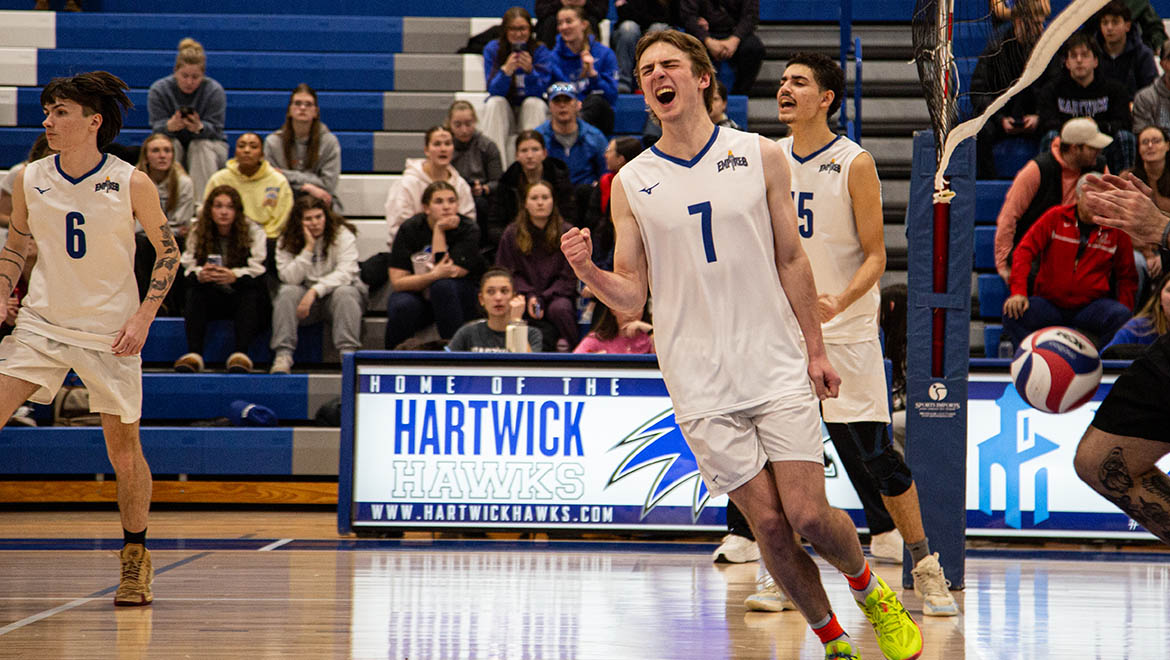 Nate Roorbach’29 celebrating during a match in Lambros Arena