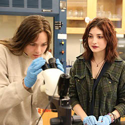Hartwick College students in lab using microscope