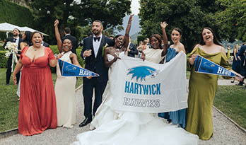 Keisha (Moore) Berman '12 recently married Jacob Berman in Lake Como, Italy, and Hartwick was well represented! Pictured (l-r) are Nedia de Shong '12; Brittney Sheets (08' - 10'); Jacob; Keisha; Emmanuella Brakye '11; Katherine Derby '12; and Emily Naughton '12.