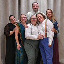 Kristin Hall ’00 married Cristina Cossette. The couple was grateful for the ‘Wick family that were able to join in the festivities. From left to right: Angel-Marie (Howe) Swindell ’99, Karyn Moyer ’99, Cristina Cossette, Kristin Hall ’00, Kristen (Schlansker) Watrous ’00, and, towering above all, is Eric T. Shoen ’00.
