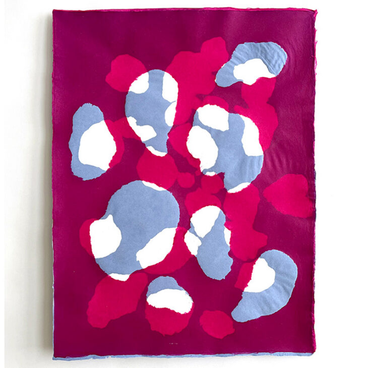 Abstract artwork with layered magenta, pink, light blue-grey, and white organic shapes on a rectangular sheet with deckled edges.