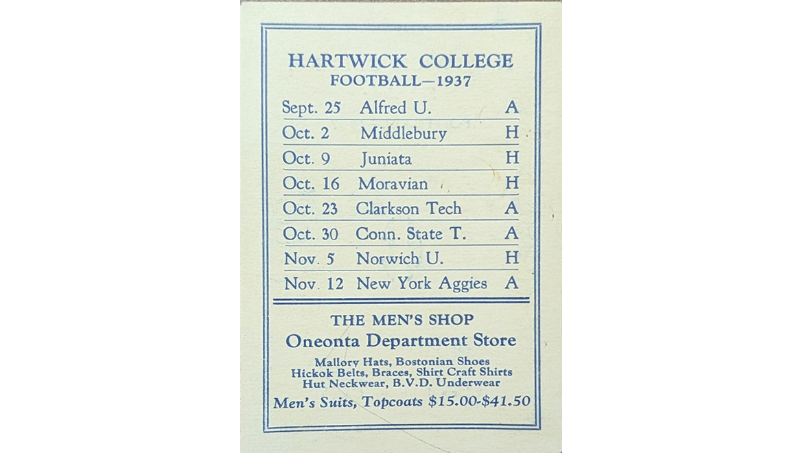 A vintage document showing the Hartwick College football schedule for 1937 and an advertisement for The Men's Shop in Oneonta, listing clothing items and prices.