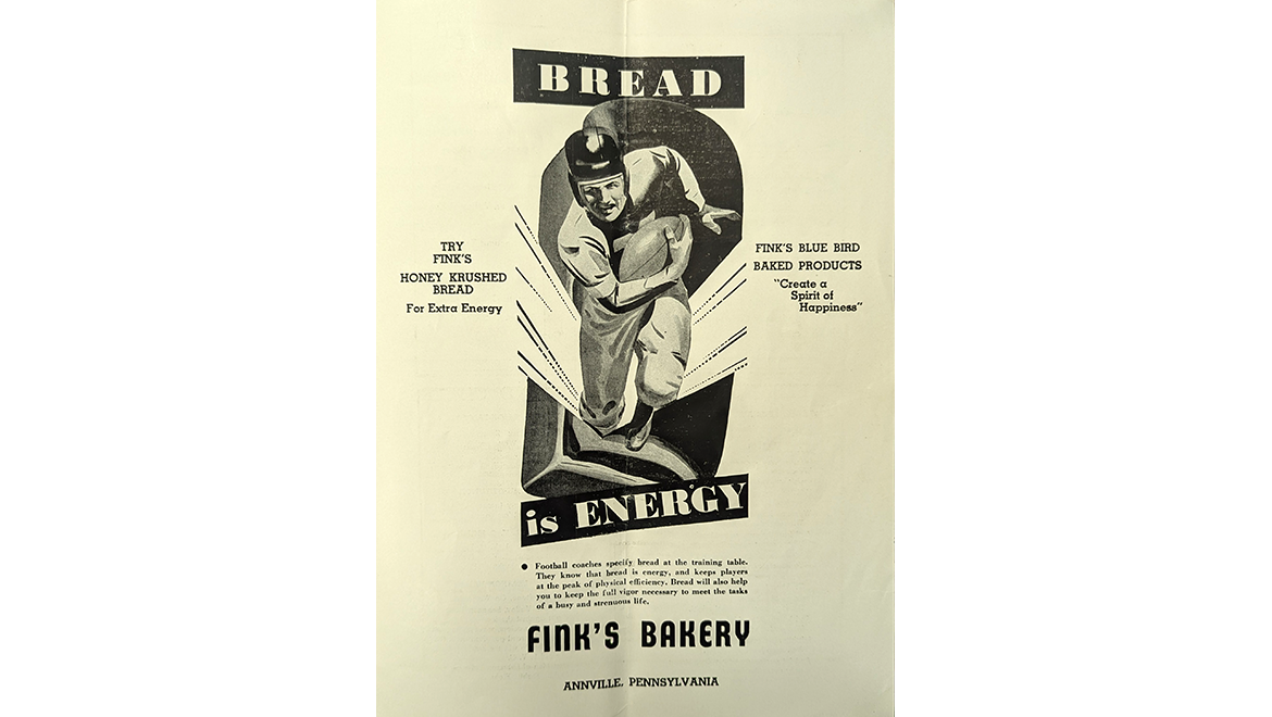 Vintage black and white advertisement for Fink's Bakery, showing a football player running with the ball, with text 'BREAD is ENERGY' and promoting 'Honey Krushed Bread'.